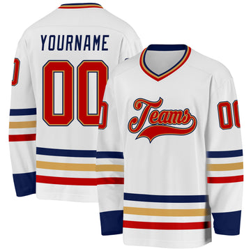 Custom White Red Old Gold-Navy Hockey Jersey