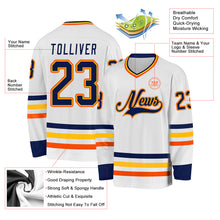 Load image into Gallery viewer, Custom White Navy Gold-Orange Hockey Jersey
