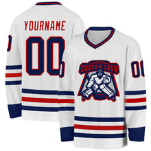 Load image into Gallery viewer, Custom White Navy-Red Hockey Jersey
