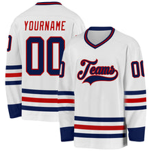 Load image into Gallery viewer, Custom White Navy-Red Hockey Jersey
