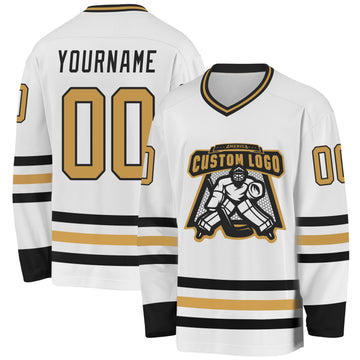 Custom White Old Gold-Black Hockey Jersey