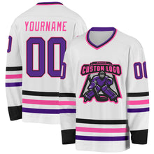 Load image into Gallery viewer, Custom White Purple Black-Pink Hockey Jersey
