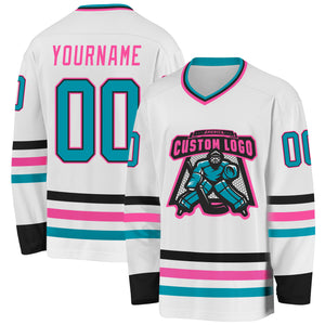 Custom White Teal Black-Pink Hockey Jersey