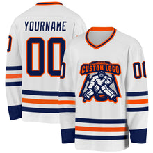 Load image into Gallery viewer, Custom White Navy-Orange Hockey Jersey
