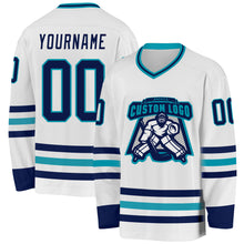 Load image into Gallery viewer, Custom White Navy-Teal Hockey Jersey
