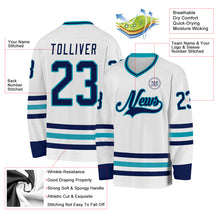 Load image into Gallery viewer, Custom White Navy-Teal Hockey Jersey
