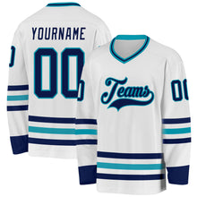 Load image into Gallery viewer, Custom White Navy-Teal Hockey Jersey
