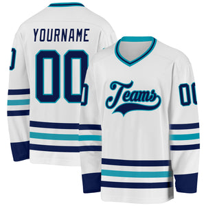 Custom White Navy-Teal Hockey Jersey