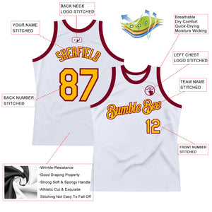 Custom White Gold-Maroon Authentic Throwback Basketball Jersey