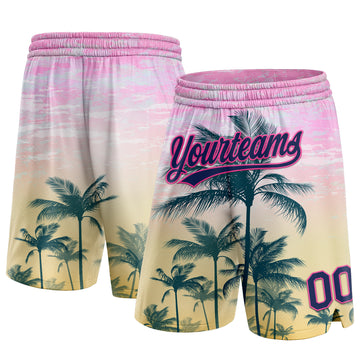 Custom Pink Navy 3D Pattern Hawaii Palm Trees Authentic Basketball Shorts