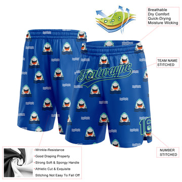 Custom Royal Pea Green 3D Pattern Sharks Authentic Basketball Shorts