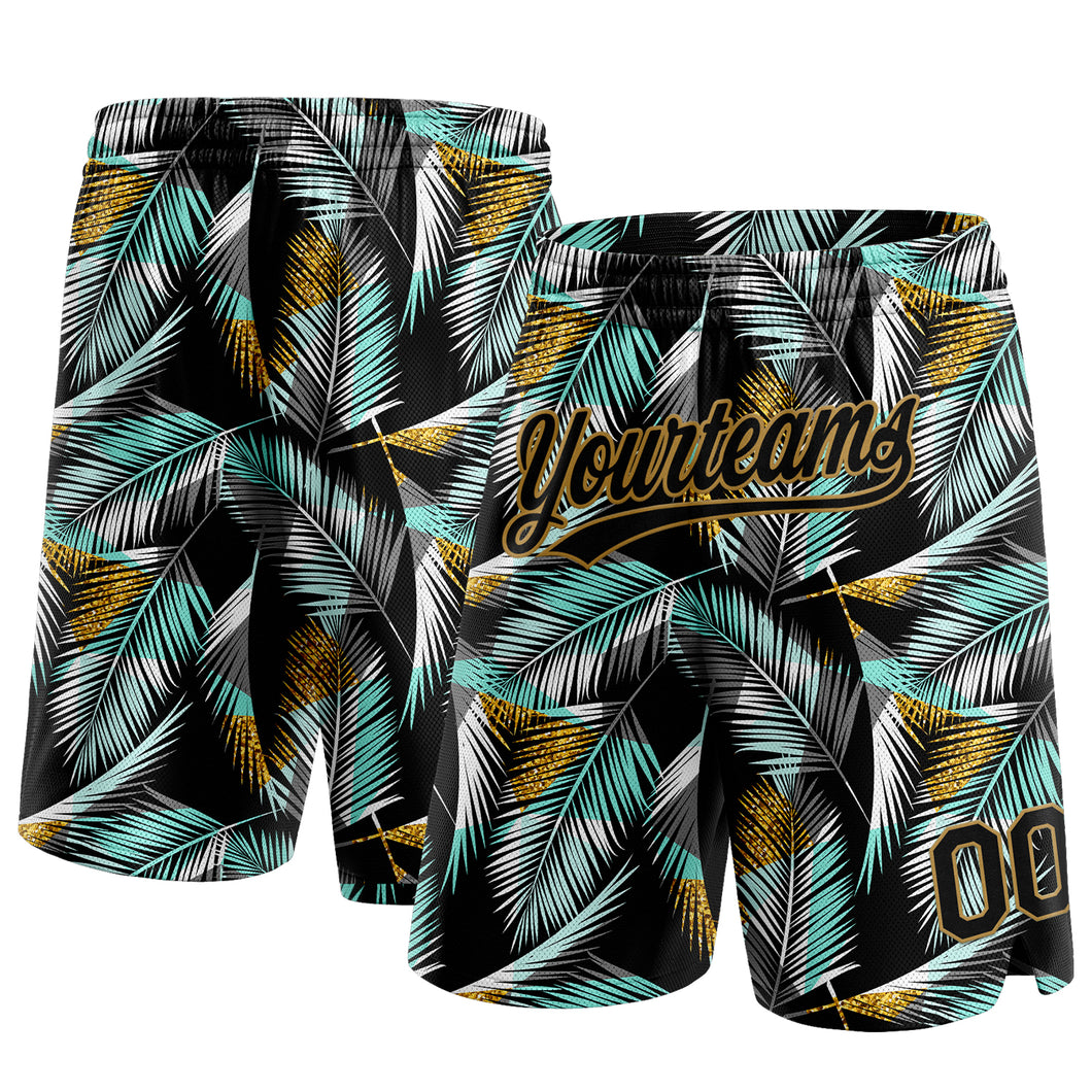 Custom Black Old Gold-Teal 3D Pattern Hawaii Palm Trees Authentic Basketball Shorts