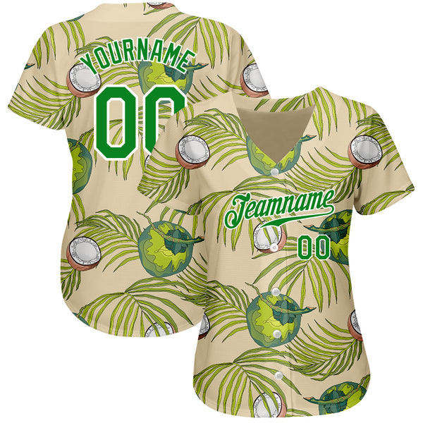 Custom Baseball Jersey 3D Pattern Design Golden and Green Tropical Leaves In The Style of Jungalow and Hawaii Authentic Men's Size:XL