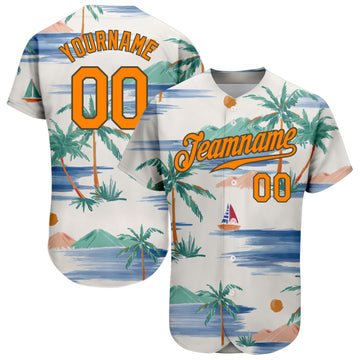 Custom Cream Bay Orange-Olive 3D Pattern Design Beach Coconut Palms Island And Sailboat Authentic Baseball Jersey