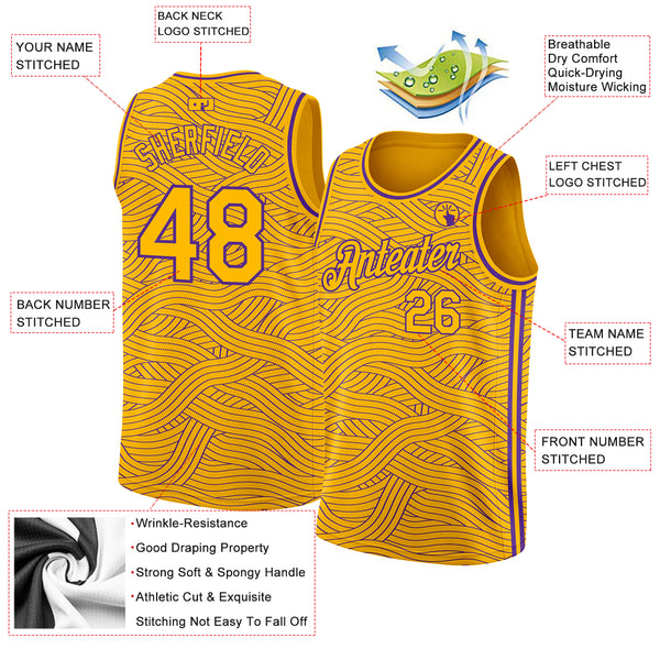 Custom Team Gold Basketball Purple Rib-Knit Jersey White