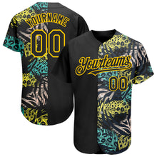 Load image into Gallery viewer, Custom Black Yellow 3D Pattern Design Hawaii Tropical Palm Leaves With Animal Print Authentic Baseball Jersey
