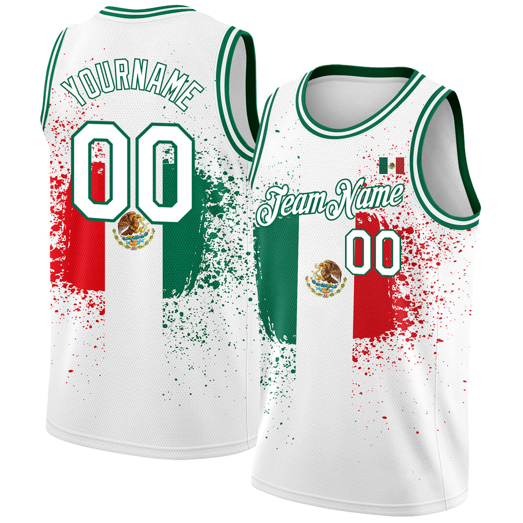 Custom White Kelly Green-Red 3D Mexican Flag Authentic Basketball Jersey