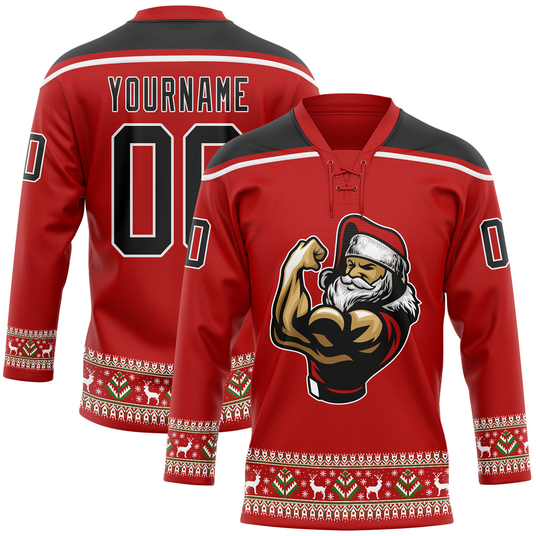 Custom Red Black-White Christmas Santa Claus 3D Hockey Lace Neck Jersey