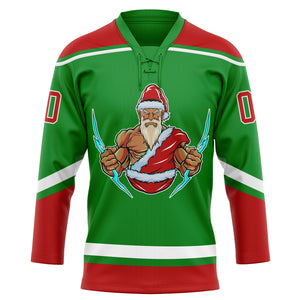 Custom Grass Green Red-White Christmas Santa Claus 3D Hockey Lace Neck Jersey