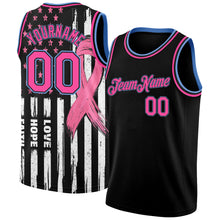 Load image into Gallery viewer, Custom Black Pink-Light Blue 3D American Flag Fashion With Pink Ribbon Breast Cancer Awareness Month Women Health Care Support Authentic Basketball Jersey
