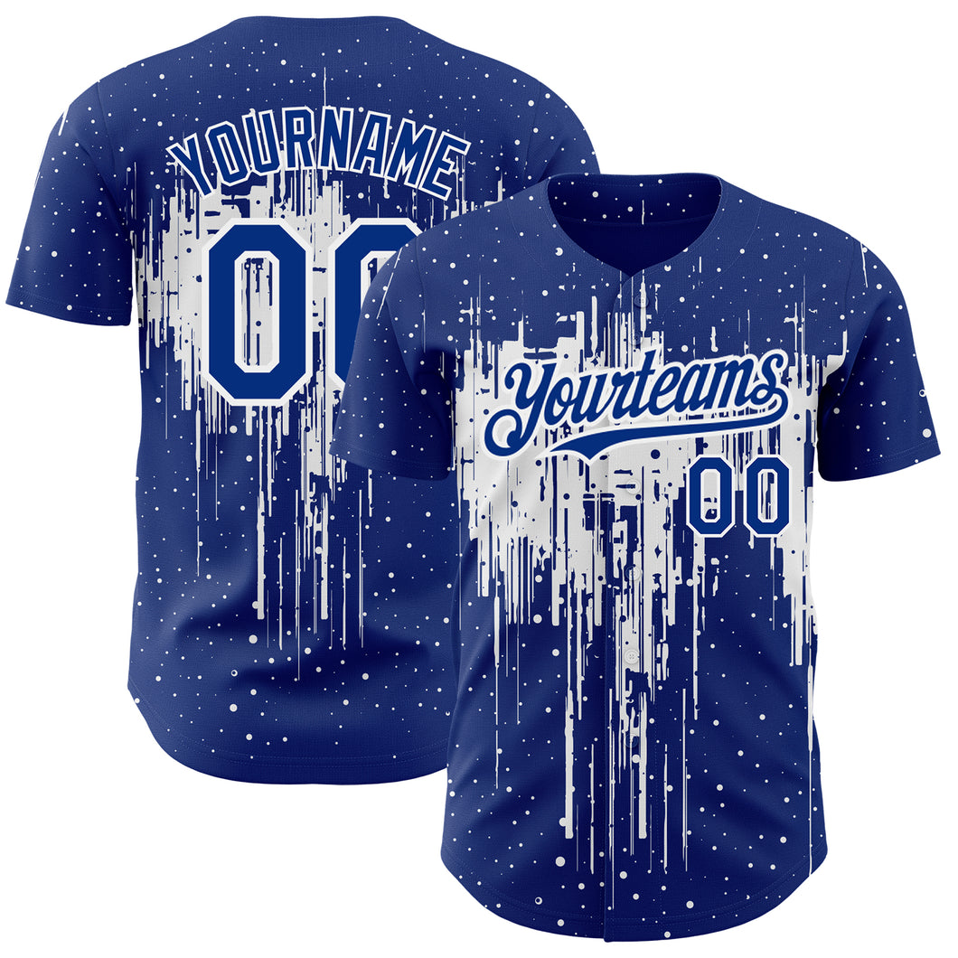 Custom Royal White 3D Pattern Design Dripping Splatter Art Authentic Baseball Jersey