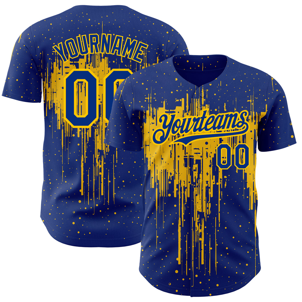 Custom Royal Yellow 3D Pattern Design Dripping Splatter Art Authentic Baseball Jersey