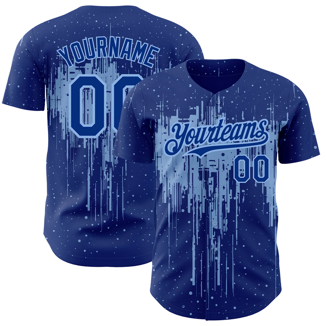 Custom Royal Light Blue 3D Pattern Design Dripping Splatter Art Authentic Baseball Jersey