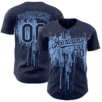 Custom Navy Light Blue 3D Pattern Design Dripping Splatter Art Authentic Baseball Jersey