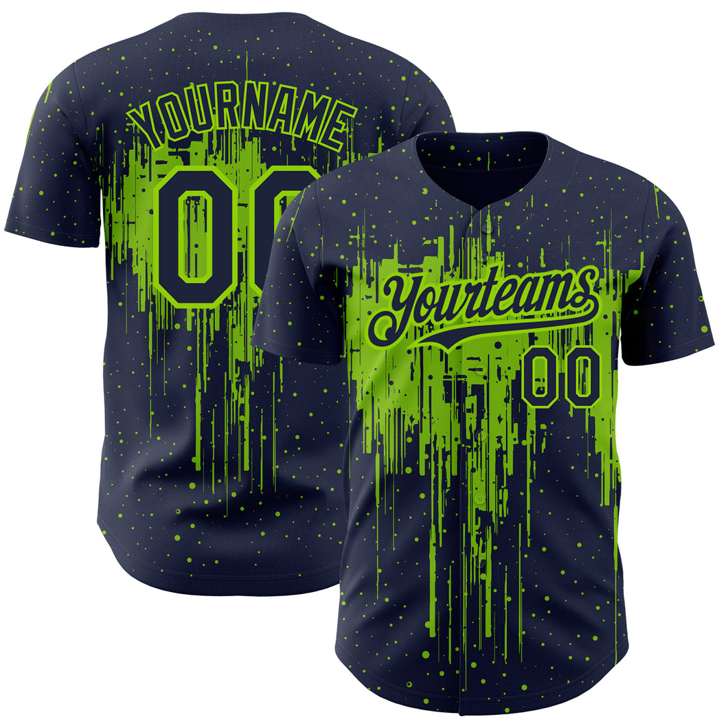 Custom Navy Neon Green 3D Pattern Design Dripping Splatter Art Authentic Baseball Jersey