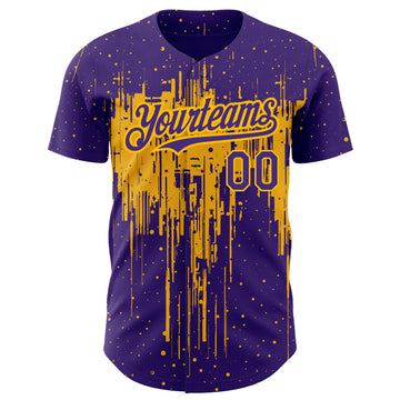 Custom Purple Gold 3D Pattern Design Dripping Splatter Art Authentic Baseball Jersey