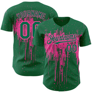 Custom Kelly Green Pink 3D Pattern Design Dripping Splatter Art Authentic Baseball Jersey