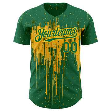 Custom Kelly Green Gold 3D Pattern Design Dripping Splatter Art Authentic Baseball Jersey