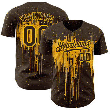 Custom Brown Gold 3D Pattern Design Dripping Splatter Art Authentic Baseball Jersey