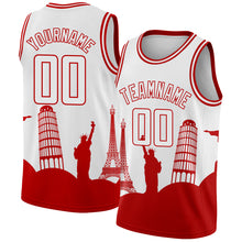 Load image into Gallery viewer, Custom White Red Holiday Travel Monuments Silhouette Authentic City Edition Basketball Jersey
