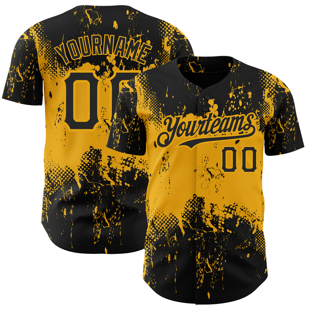 Custom Black Gold 3D Pattern Design Abstract Splatter Grunge Art Authentic Baseball Jersey