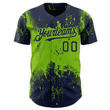 Load image into Gallery viewer, Custom Navy Neon Green 3D Pattern Design Abstract Splatter Grunge Art Authentic Baseball Jersey
