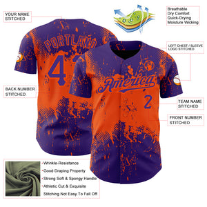 Custom Purple Orange 3D Pattern Design Abstract Splatter Grunge Art Authentic Baseball Jersey