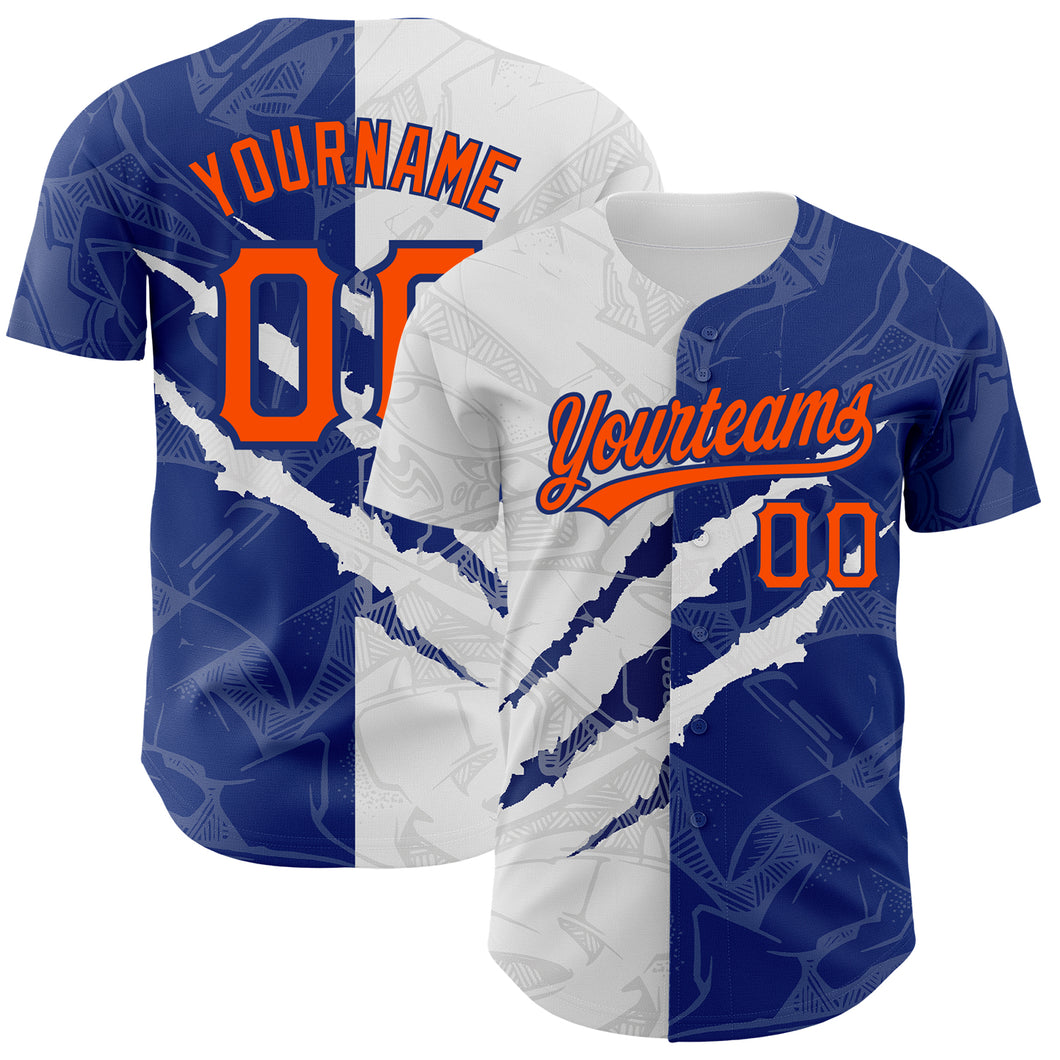 Custom Graffiti Pattern Orange-Royal 3D Scratch Authentic Baseball Jersey