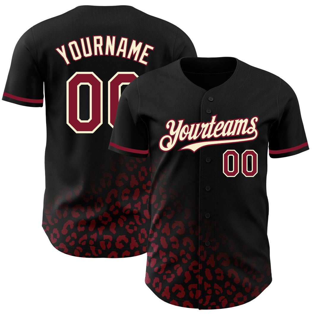 Custom Black Crimson-Cream 3D Pattern Design Leopard Print Fade Fashion Authentic Baseball Jersey