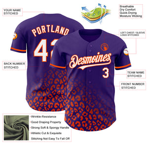 Custom Purple White-Orange 3D Pattern Design Leopard Print Fade Fashion Authentic Baseball Jersey