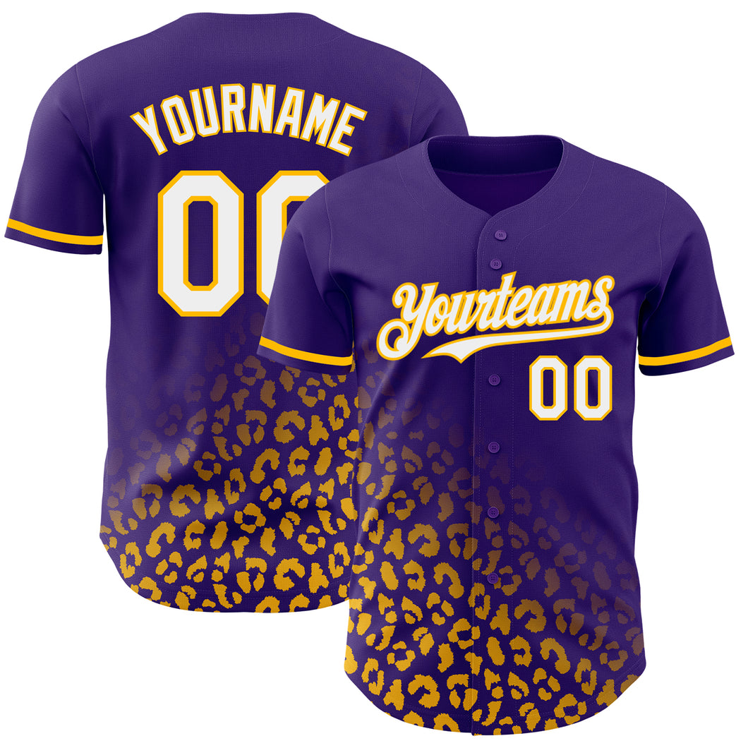 Custom Purple White-Gold 3D Pattern Design Leopard Print Fade Fashion Authentic Baseball Jersey