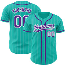 Load image into Gallery viewer, Custom Aqua White Pinstripe Purple Authentic Baseball Jersey
