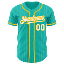 Load image into Gallery viewer, Custom Aqua White Pinstripe White-Yellow Authentic Baseball Jersey
