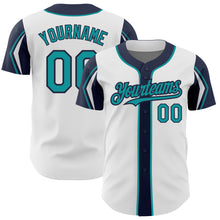 Load image into Gallery viewer, Custom White Teal-Navy 3 Colors Arm Shapes Authentic Baseball Jersey
