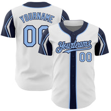 Load image into Gallery viewer, Custom White Light Blue-Navy 3 Colors Arm Shapes Authentic Baseball Jersey
