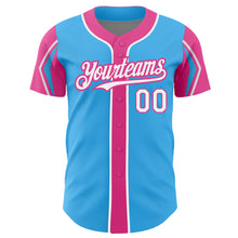 Load image into Gallery viewer, Custom Sky Blue White-Pink 3 Colors Arm Shapes Authentic Baseball Jersey
