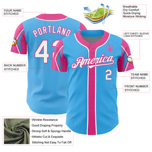 Custom Sky Blue White-Pink 3 Colors Arm Shapes Authentic Baseball Jersey