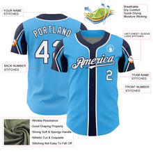 Load image into Gallery viewer, Custom Sky Blue White-Navy 3 Colors Arm Shapes Authentic Baseball Jersey
