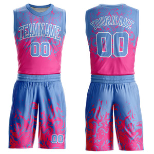 Custom Light Blue Pink-White Round Neck Sublimation Basketball Suit Jersey