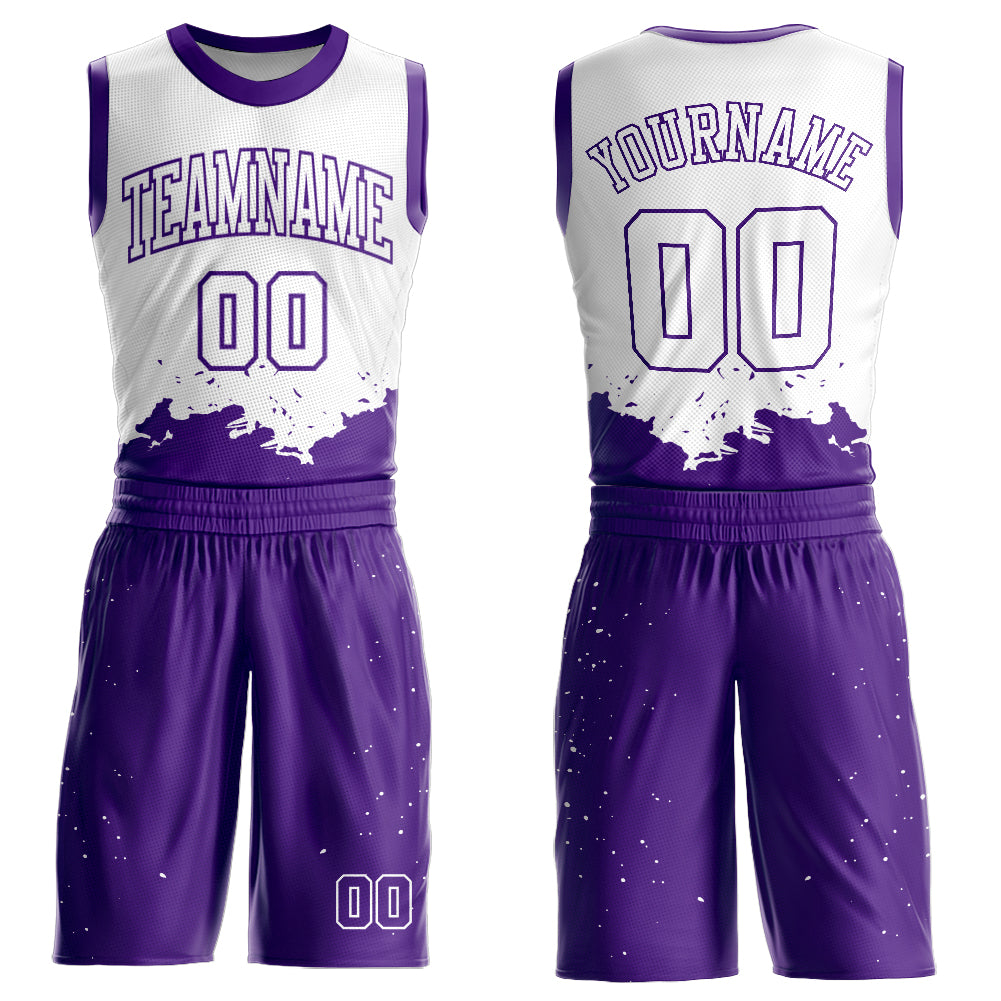 Custom White Purple Color Splash Round Neck Sublimation Basketball Suit Jersey